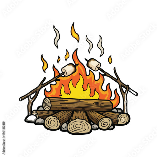 A campfire with marshmallows roasting on sticks