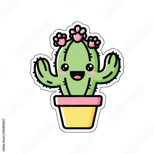 Cute kawaii cactus character with a happy smiling face and pink paw flowers in a yellow pot