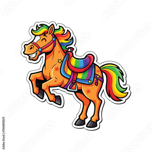 A cute cartoon horse sticker with a colorful rainbow mane and tail wearing a decorative saddle
