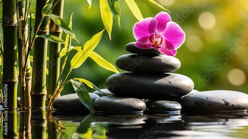 Zen stones stack with pink orchid and bamboo in water