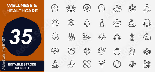 Wellness and healthcare web icons in line style. mental health, spa, cosmetics, therapy, relaxation, fitness, meditation, body care, massage, yoga, acupuncture, aromatherapy. Vector illustration.