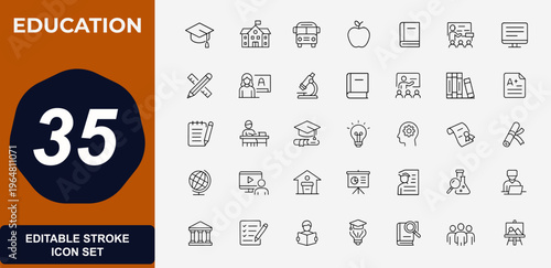 Education and academic web icons in line style. school, learning, student, teacher, classroom, university, diploma, library, training, knowledge. Editable stroke. Vector illustration.