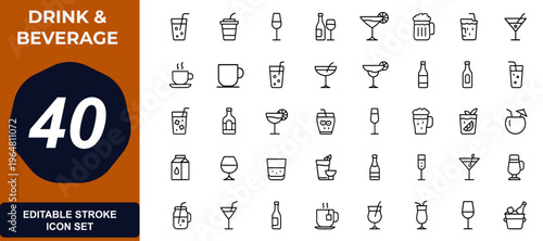 Beverage and drink outline web icons in line style. cocktail, glass, bottle, soda, beer, wine, barware, cup, liquid, refreshment, alcohol. Editable stroke. Vector illustration.