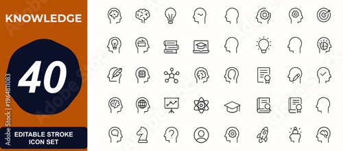 Knowledge and cognition web icons in line style. Brain, creativity, education, learning, intelligence, innovation, thinking, idea, library, science. Editable stroke. Vector illustration.