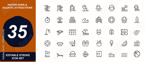 Water park and aquatic attractions web icons in line style. pool, beach, slides, lifebuoy, leisure, summer, recreation, travel, playground, amusement. Editable stroke. Vector illustration.