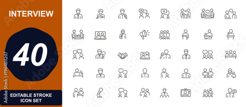 Interview and communication web icons in line style. candidate, hiring, meeting, discussion, broadcast, media, speaking, recruitment. Editable stroke. Vector illustration.