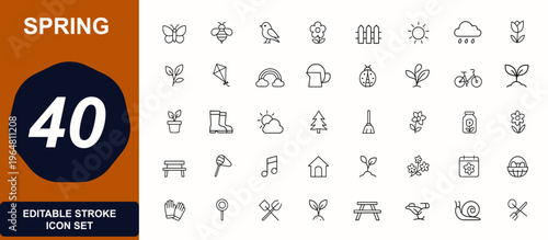 Spring season web icons in line style. butterfly, bee, bird, flower, garden, sunshine, rain, tulip, nature, weather, growth, outdoor. Editable stroke. Vector illustration.