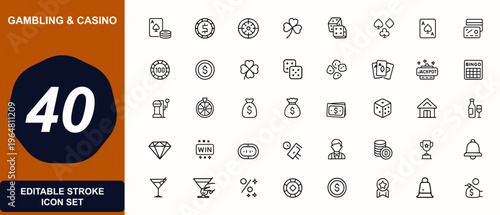 Casino gambling web icons in line style. poker, roulette, slot, jackpot, dice, chips, cards, betting, money, entertainment. Editable stroke. Vector illustration.