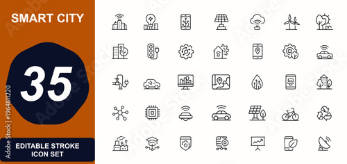 Smart city web icons in line style. technology, infrastructure, wireless network, automation, surveillance, renewable energy, data monitoring, transport, urban architecture. Editable stroke. Vector.