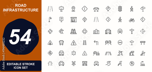 Road infrastructure web icons in line style. transportation, highway, bridge, traffic, pedestrian, navigation, crosswalk, urban streets, signage, tunnel, parking. Editable stroke. Vector illustration