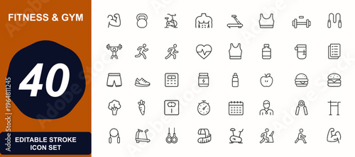 Fitness and gym web icons in line style. workout, training, bodybuilding, cardio, equipment, health, wellness, strength, muscle, lifestyle, nutrition. Editable stroke. Vector illustration.