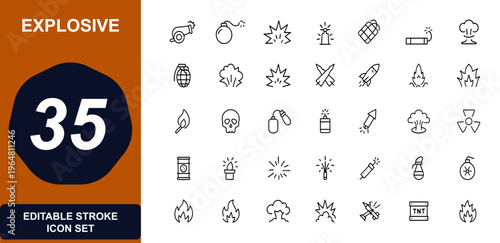 Explosive weapons and blast icons web icons in line style. bomb, missile, grenade, detonation, artillery, nuclear, firework, danger, hazard, warfare. Editable stroke. Vector illustration.