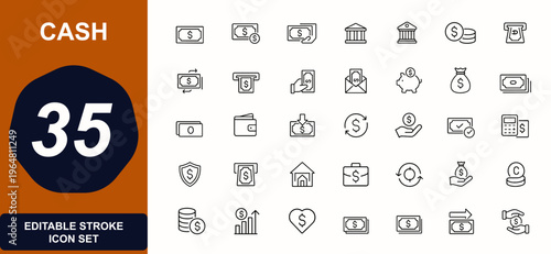 Cash and currency outline web icons in line style. banknote, coin, payment, savings, income, salary, banking, capital, finance, business, money transfer. Editable stroke. Vector illustration.