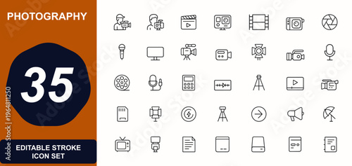 Photography and videography web icons in line style. camera, videographer, lens, microphone, tripod, cinematography, video, media, digital equipment. Editable stroke. Vector illustration.