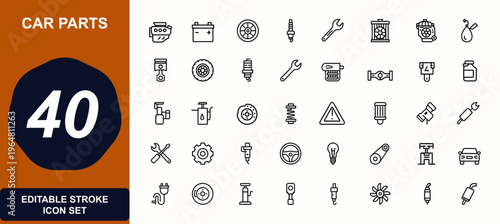 Automotive car parts web icons in line style. engine, battery, brake, alternator, radiator, transmission, tire, spark plug, wrench, maintenance, repair, garage. Editable stroke. Vector illustration.