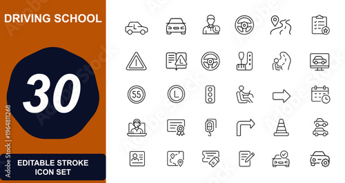 Driving school web icons in line style. automobile, instructor, learner, license, traffic, exam, classroom, steering, gearbox, road rules. Editable stroke. Vector illustration.