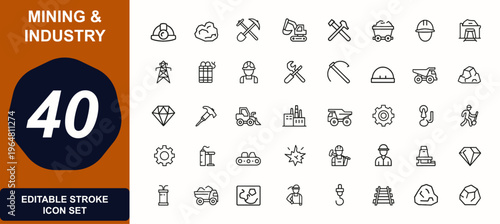 Mining and industrial equipment web icons in line style. coal, excavation, machinery, factory, minerals, extraction, power, truck, helmet, underground operations. Editable stroke. Vector illustration