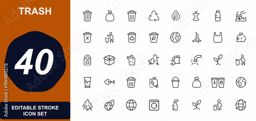 Trash and recycling web icons in line style. garbage, waste, bin, compost, pollution, sorting, disposal, container, landfill, sustainability, environment, cleanup. Editable stroke. Vector illustration