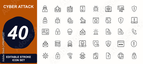 Cybersecurity and cyber attack web icons in line style. hacker, firewall, phishing, malware, spyware, virus, network, privacy, protection, threat, data security. Editable stroke. Vector illustration.