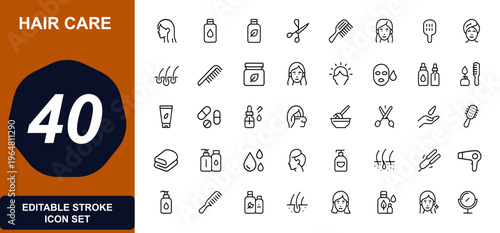 Hair care and barber tools web icons in line style. shampoo, conditioner, scissors, comb, brush, serum, oil, mask, scalp, follicles, salon, cosmetic, hygiene. Editable stroke. Vector illustration.