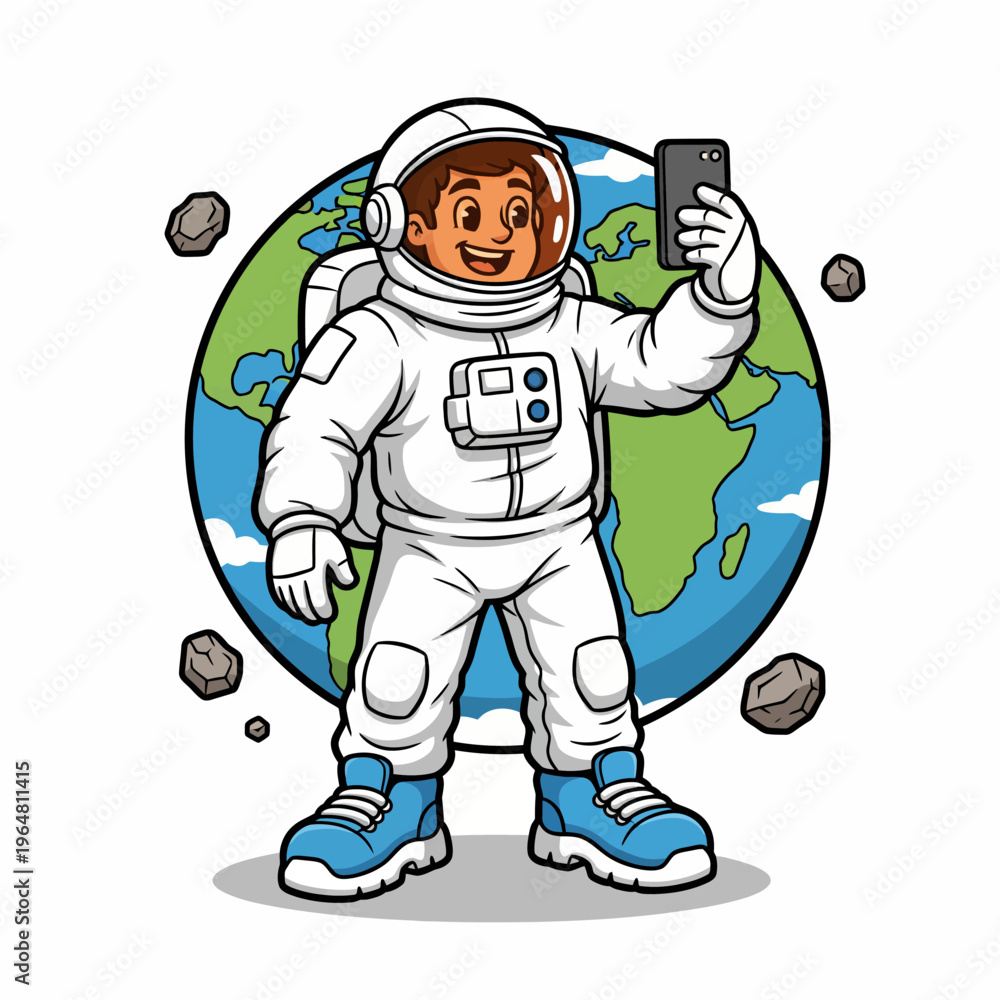 Obraz premium Cute Cartoon Astronaut Character Taking a Selfie with a Smartphone in Front of Earth and Asteroids