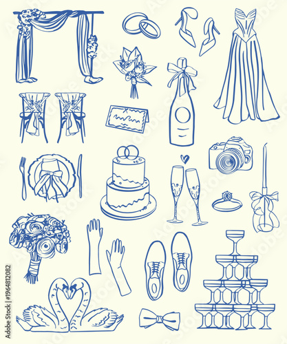 Wedding doodle set, hand drawn line art elements for ceremony and celebration design.Hand drawn wedding doodle set with elegant line art elements. Includes bridal dress, rings, bouquet, cake