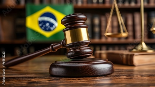 Brazil justice background with gavel and national flag banner