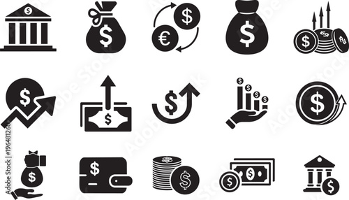 Finance Icon Collection: A set of financial icons, symbolizing various aspects of money, banking, and economics in clean black and white, suitable for financial-related content.