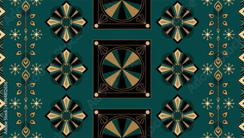 Classic Art Deco Seamless Pattern with Peacock Feather and Golden Rosette Motifs on Emerald Green Background Vector