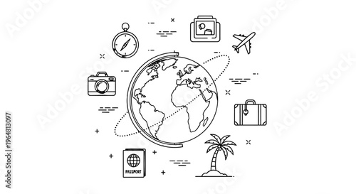 Travel and adventure icons around globe.