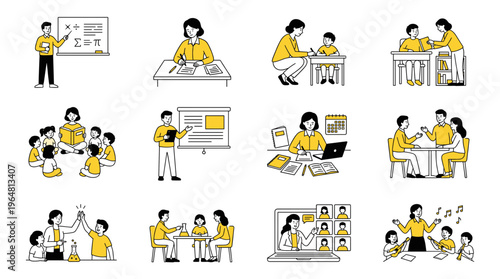 Collection of modern flat illustrations depicting various educational activities and classroom scenes
