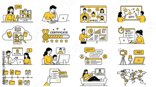 Collection of sixteen flat vector illustrations depicting business professionals working and collaborating