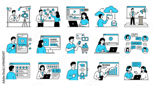 Set of modern business and technology flat illustrations showing teamwork and digital productivity.