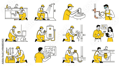 Professional plumbers and handymen in yellow uniforms performing various home repair and maintenance services.