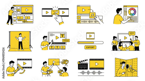 Collection of flat minimalist illustrations representing video production and marketing services