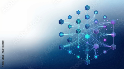 Abstract Digital Blockchain Network with Blue 3D Cubes and Data Nodes