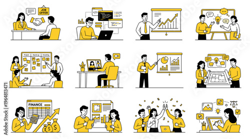 Set of flat business illustrations featuring office workers analyzing charts and collaborating on projects.