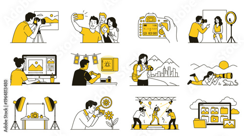 Collection of minimalist photography illustrations featuring professional photographers and studio equipment