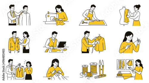 Professional tailors and fashion designers working on garment construction and retail in an atelier