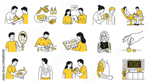 Set of healthcare illustrations depicting medical checkups vaccinations and patient care activities.