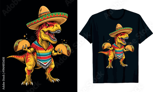Angry T-Rex Dinosaur in Sombrero and Poncho Holding Tacos Cinco de Mayo Design