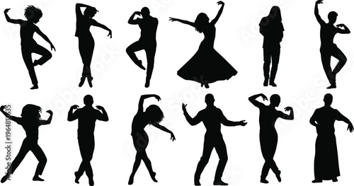 Professional dancers silhouettes in various rhythmic poses for performance art and music events theme.