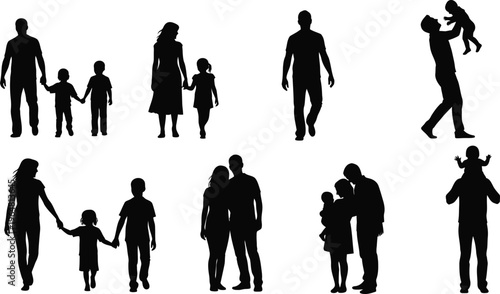 Family silhouettes set, group of people, father, mother and children, diverse interactions.