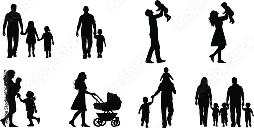 Family silhouettes set, group of people, father, mother and children, people in different poses.