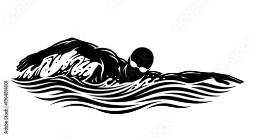 Professional black silhouette of a competitive swimmer performing a crawl stroke in water with detailed wave patterns and wearing goggles isolated on white background for sports and fitness branding c