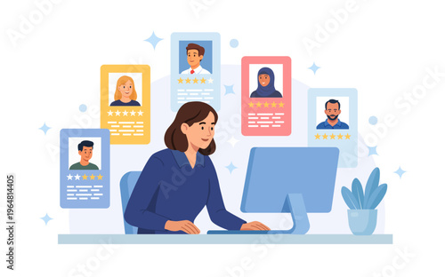 Recruitment agency hiring employees. Hr manager looking for, selects the best candidate for job vacancy. CV, resume analysis. Human resources management. Vector Illustration