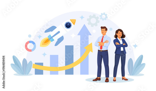 Successful project launch, business startup development. Businessman prepare data and analytics to launch startup and promote company's products. Starting new project and achieving business goal
