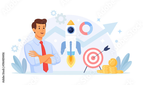Successful project launch, business startup development. Businessman prepare data and analytics to launch startup and promote company's products. Starting new project and achieving business goal