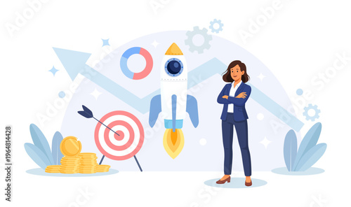 Successful project launch, business startup development. Businessman prepare data and analytics to launch startup and promote company's products. Starting new project and achieving business goal