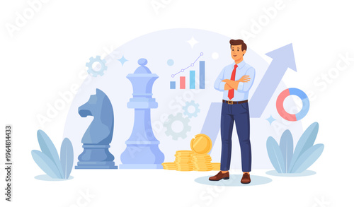 Strategy in business competition, planning project tactics. Leader contemplates a giant chess knight piece making strategic decisions for business growth and success. Target achievement